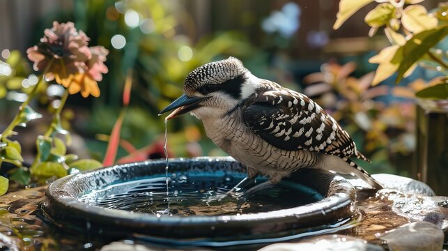 A kookaburra is sitting on the edge of a bird bath, drinking water. The kookaburra is a native Australian bird, known for its distinctive call.