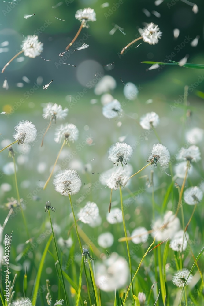 Poster a bunch of dandelions blowing in the wind. suitable for nature and spring-themed designs