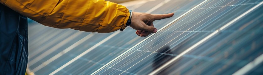 Obraz premium A technician in a yellow jacket inspects a solar panel.