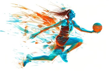 athletic woman in action, dressed as a basketball player with her ball under arm and jumping towards the basket on a white background Generative AI