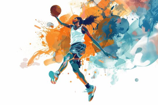 female basketball player in midair, about to dunk the ball with intense focus and energy Generative AI