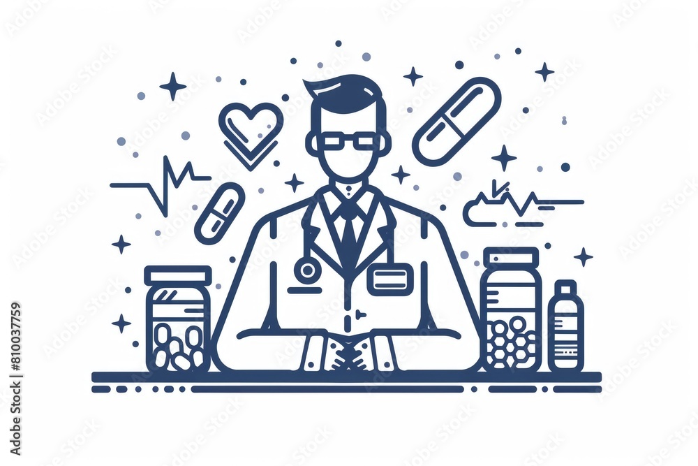 Poster a man in a lab coat sitting at a desk. suitable for science and education concepts