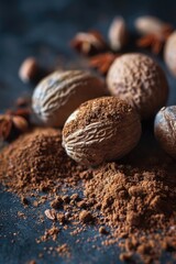 A pile of nutmeal next to a pile of cinnamon. Great for food and spice concepts