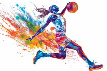 female basketball player in action, jumping to dunk the ball with dynamic energy and power on a white background Generative AI