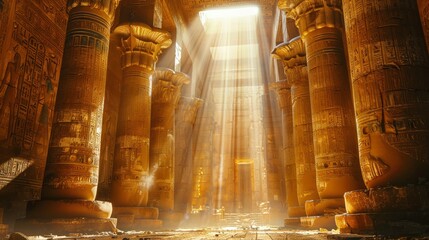 Sunlight streams through temple roof, illuminating hieroglyphics and towering columns.