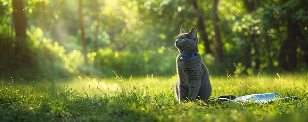 A gray cat is sitting on the grass in the sunshine, looking to the right. There are trees and long...