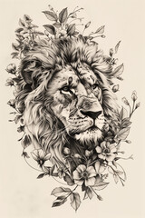 A drawing of a lion with flowers