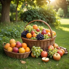 A wicker basket filled with various ripe fruits, sitting on the grass in a lush, green outdoor setting with blurred foliage in the background