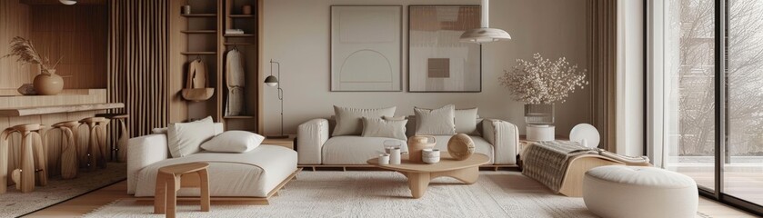 minimalist living room interior with scandinavian influence featuring a white couch, wood table, and various vases on a white rug the room is accented with a brown and wood wall,