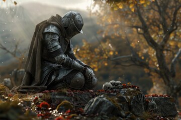 A man in armor kneeling on a rocky surface. Suitable for historical and fantasy themes