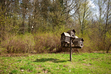 An old birdhouse in a green garden. A wooden birdhouse.