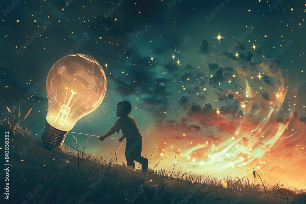 Poster a person holding a light bulb in a field. suitable for innovation and creativity concepts