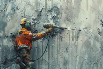 A construction worker using a power drill. Suitable for construction and renovation projects