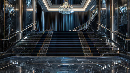 Luxurious entrance hall with a sleek black marble staircase and matching black velvet curtains crystal chandelier above in full ultra HD