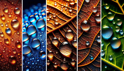 Fototapeta premium A detailed macro collage showcasing five segments of water droplets on different surfaces, each capturing the delicate texture and vibrant colors