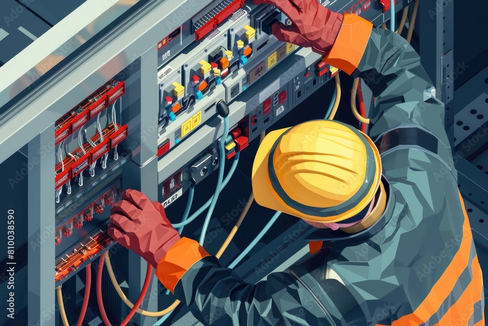 Poster a man in a hard hat working on an electrical panel. useful for industrial and construction concepts