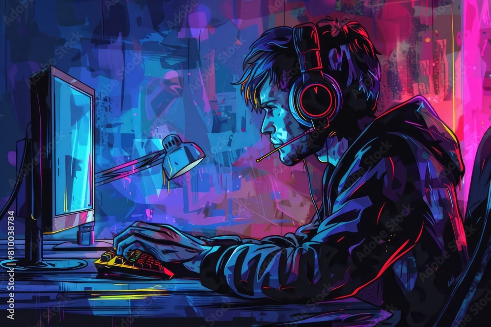 Poster A man sitting at a computer with headphones on, perfect for technology and music concepts