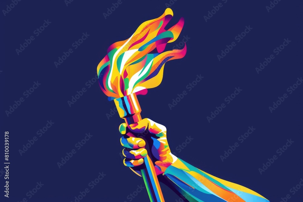 Poster a hand holding a colorful torch in a dark room. suitable for illustrating mystery or exploration the