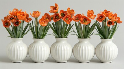   Four white vases filled with orange flowers on a white surface