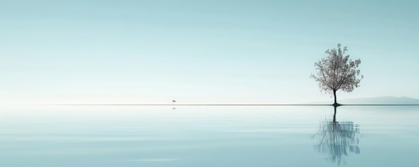 minimalist nature background with negative space featuring a tall tree and clear blue sky, reflected in the calm blue water