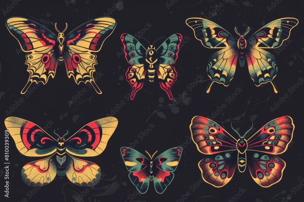Poster four vibrant butterflies on a dark backdrop, suitable for various design projects