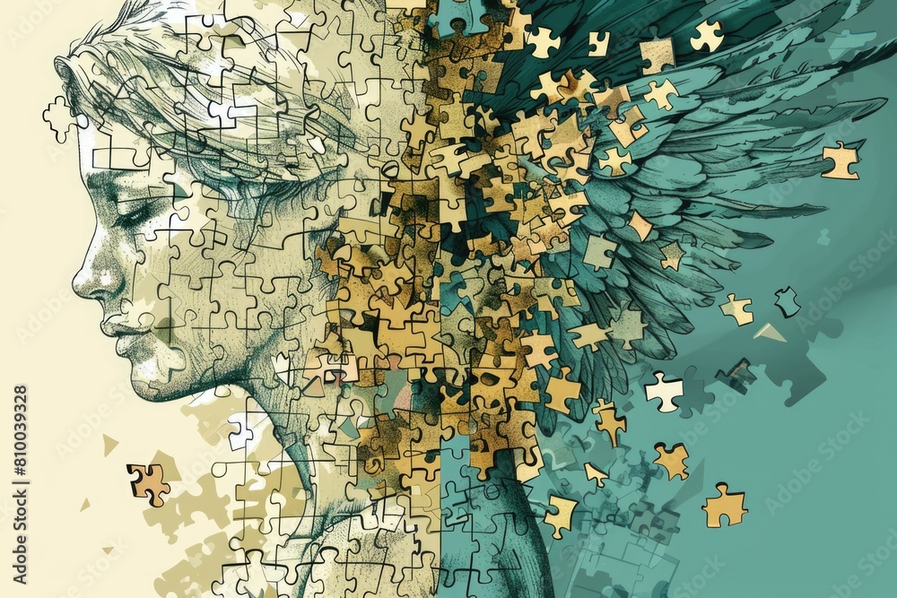 Fototapete a woman's head with puzzle pieces on it. perfect for illustrating problem-solving concepts