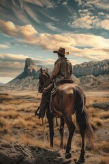 A man riding on the back of a brown horse. Suitable for equestrian or outdoor adventure themes