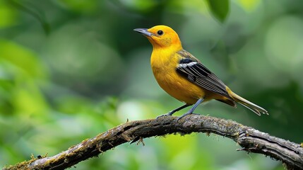 Female Eurasian Golden Oriole Perched on Dark Tree Branch. Stunning Xanthous Bird in Wild Nature