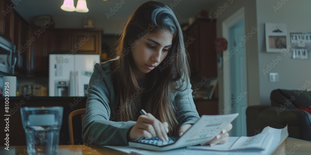 Poster woman sitting at a table using a laptop. suitable for business or technology concepts