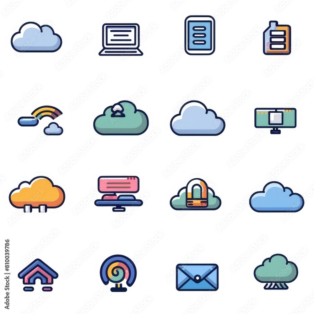 Poster Various colored icons on a plain white background. Suitable for website design or graphic projects