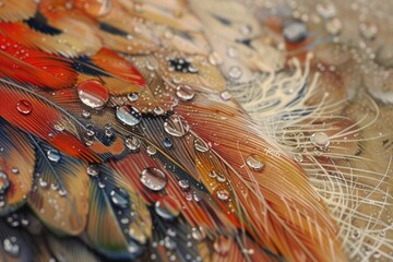 Close up of bird feathers with water droplets, perfect for nature-themed designs