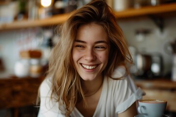 A smiling young woman with natural beauty is sitting at a table with a cup of coffee.