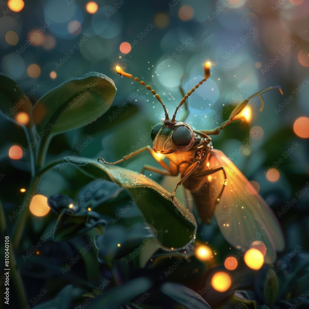 Aufkleber Close-up of bug perched on green leaf. Perfect for nature or insect-themed projects