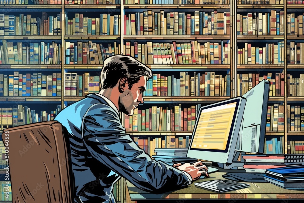 Aufkleber A man sitting at a desk in front of a computer. Suitable for business and technology concepts