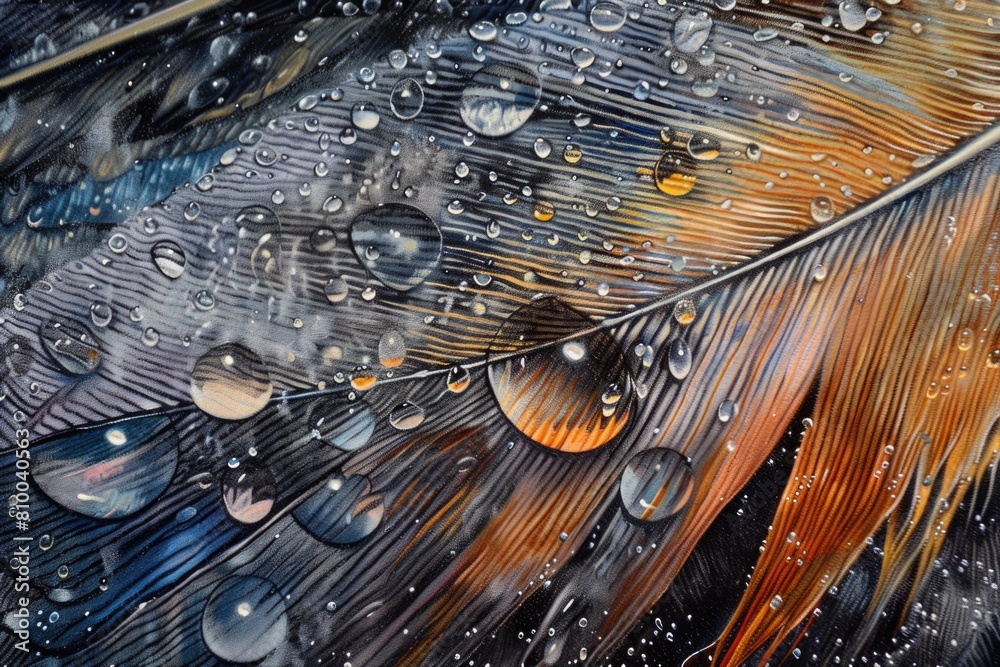 Poster Close up of a feather with water droplets. Suitable for nature or abstract concepts