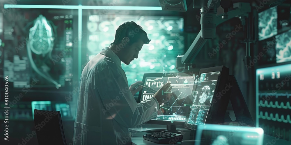 Poster a man in a lab coat working on a computer. suitable for technology and research concepts