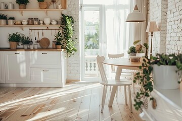 bright kitchen interior with wooden floor, white furniture, utensils, shelves, utensils and indoor potted plants. 