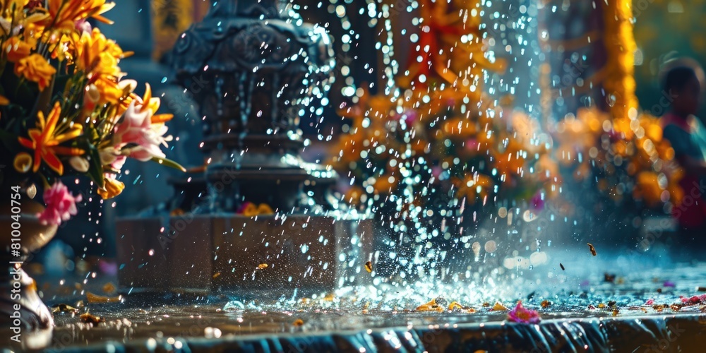 Poster close up of a fountain with vibrant flowers, suitable for various design projects
