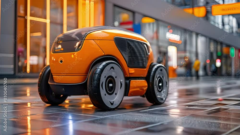 Poster A delivery robot moves through a mall, showcasing advanced automation.
