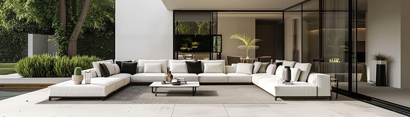 minimalist outdoor seating area with neutral tones featuring a white couch adorned with black and...