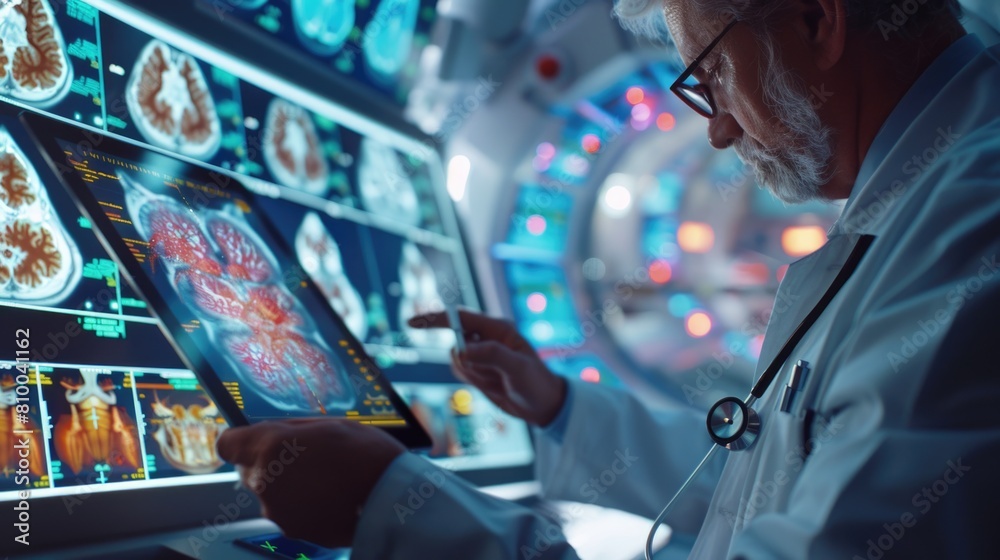 Poster A man in a lab coat studying information on a computer screen. Suitable for scientific research concepts