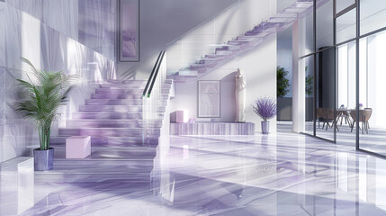 Modern minimalist entrance hall with a pale lavender marble staircase streamlined decor and...