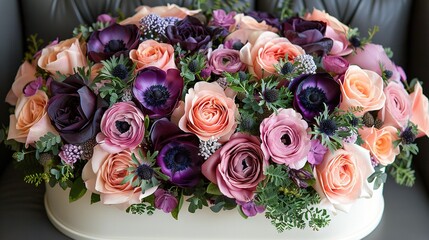   A photo of a bouquet of flowers in a white vase, featuring prominent purple and orange petals