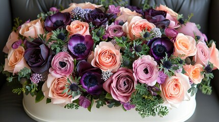   A photo of a bouquet of flowers in a white vase, featuring prominent purple and orange petals - Powered by Adobe