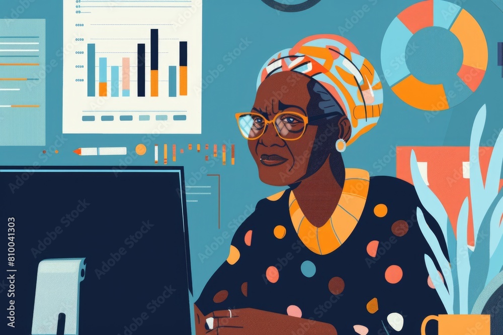 Poster a woman sitting in front of a computer, suitable for business concepts