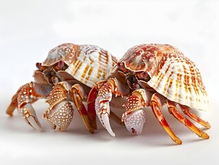 Exotic Hermit Crabs with Intricate Shell Patterns Resting on Plain White Background