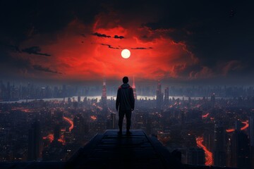 Lone person gazes at a dramatic sunset over a sprawling, dystopian city with a large moon