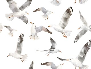 Naklejka premium Flock of Seagulls Gracefully Soaring Against a Pristine White Background