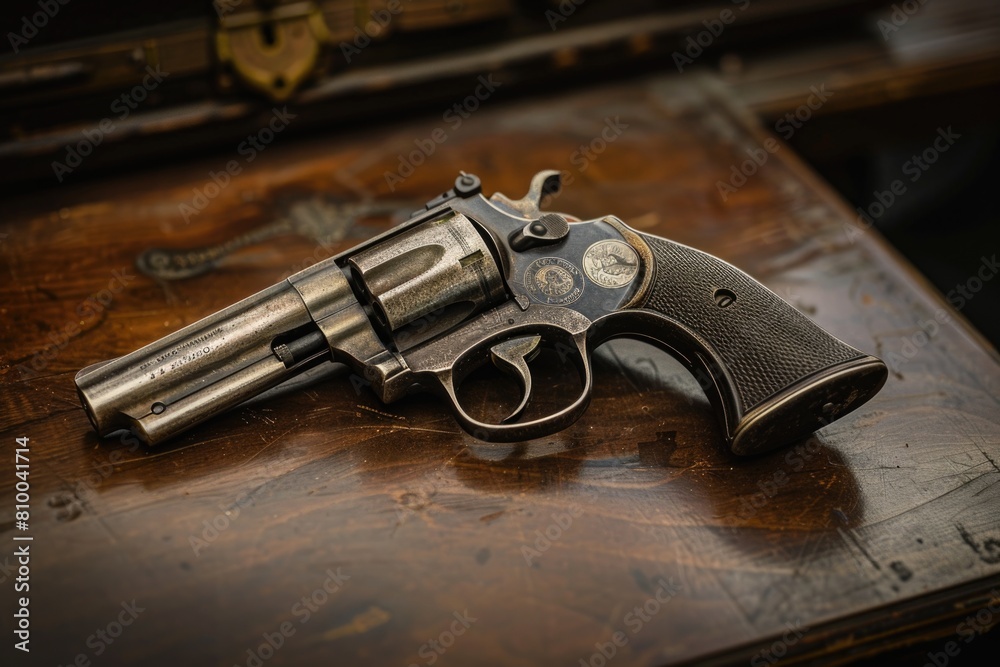 Poster A gun placed on a wooden table with a case in the background. Suitable for security and crime prevention concepts