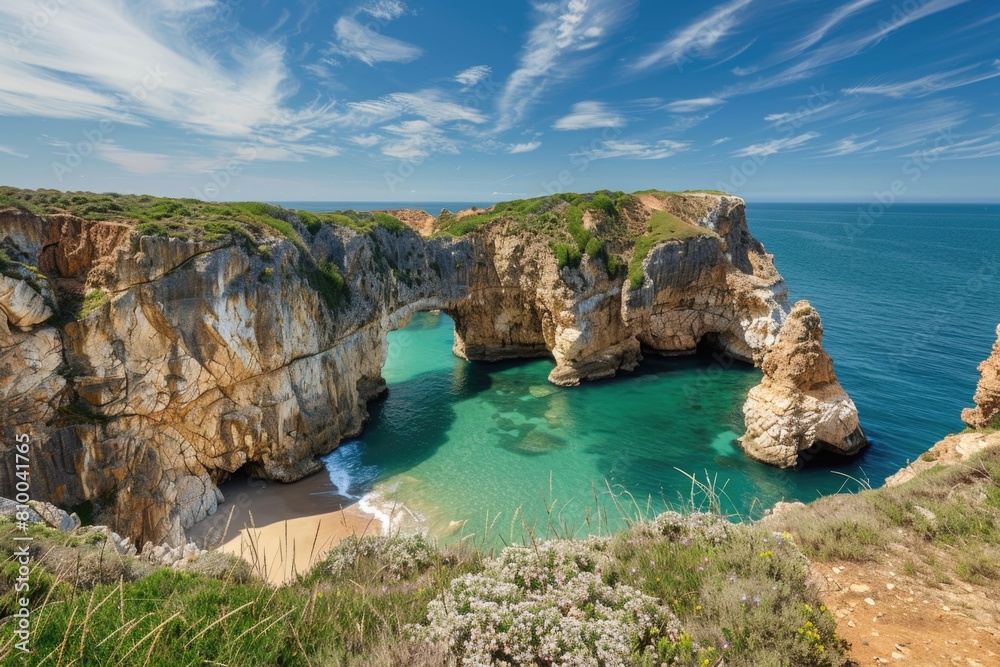 Poster a scenic image of a large body of water next to a cliff. perfect for nature and travel concepts